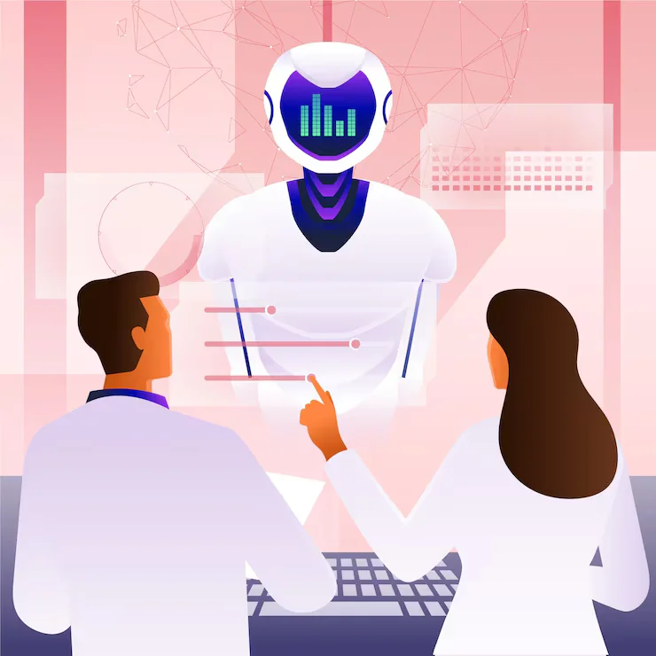 Illustration of two professionals interacting with a futuristic AI-powered data analytics interface