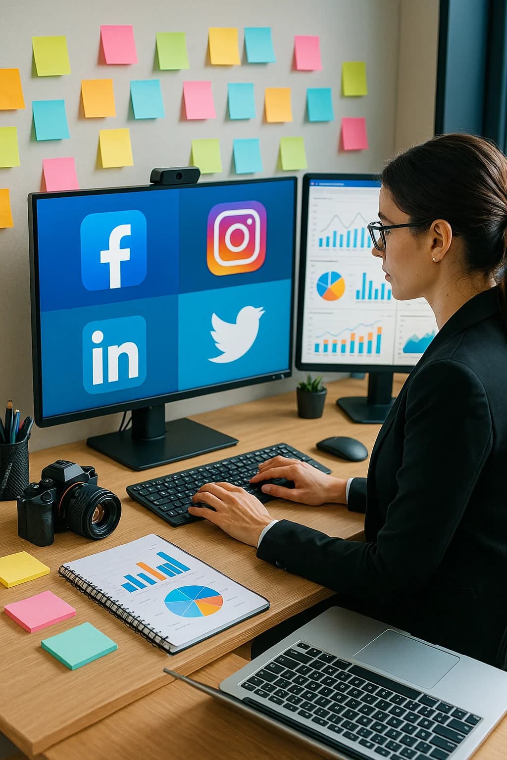 Woman working at a desk with social media icons on screen, including Facebook, Instagram, LinkedIn, and Twitter