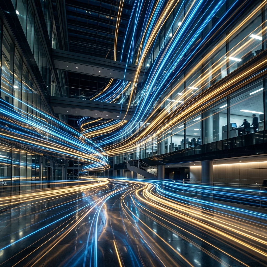 Abstract light trails representing speed and data flow in a high-end corporate environment