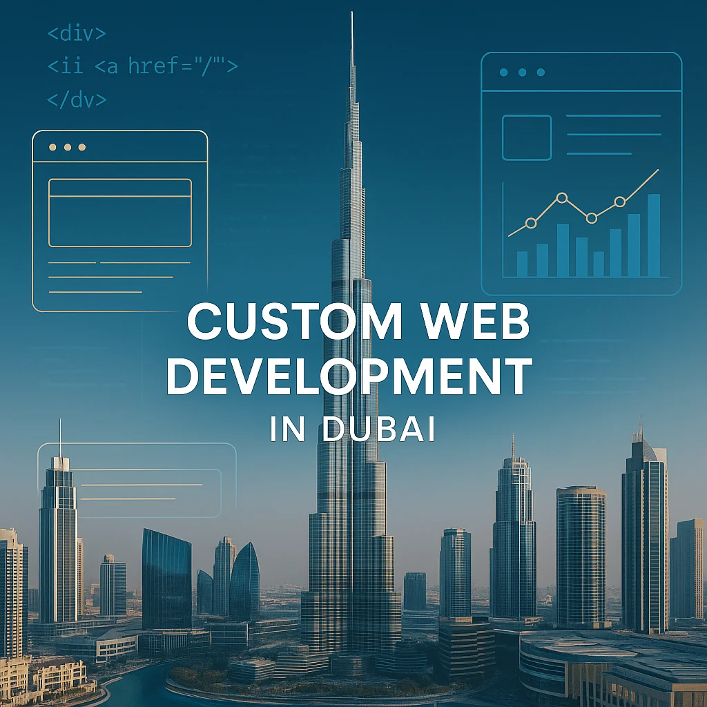 Dubai skyline with custom web development design showcasing advanced business solutions tailored for Dubai businesses
