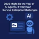 AI agents 2025 concept illustration showing autonomous digital assistants navigating enterprise challenges like data, security, and system integration.