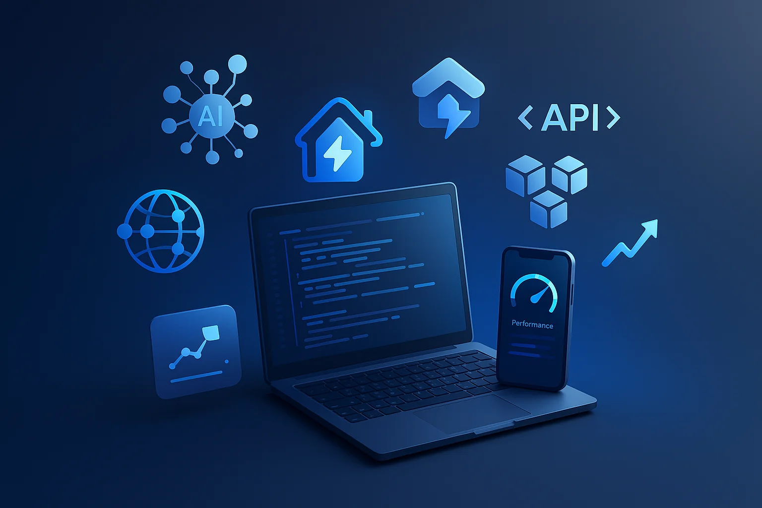 Laptop and smartphone with icons for AI, PWA, API, CDN and performance metrics — feature image for Web Development Trends 2025.