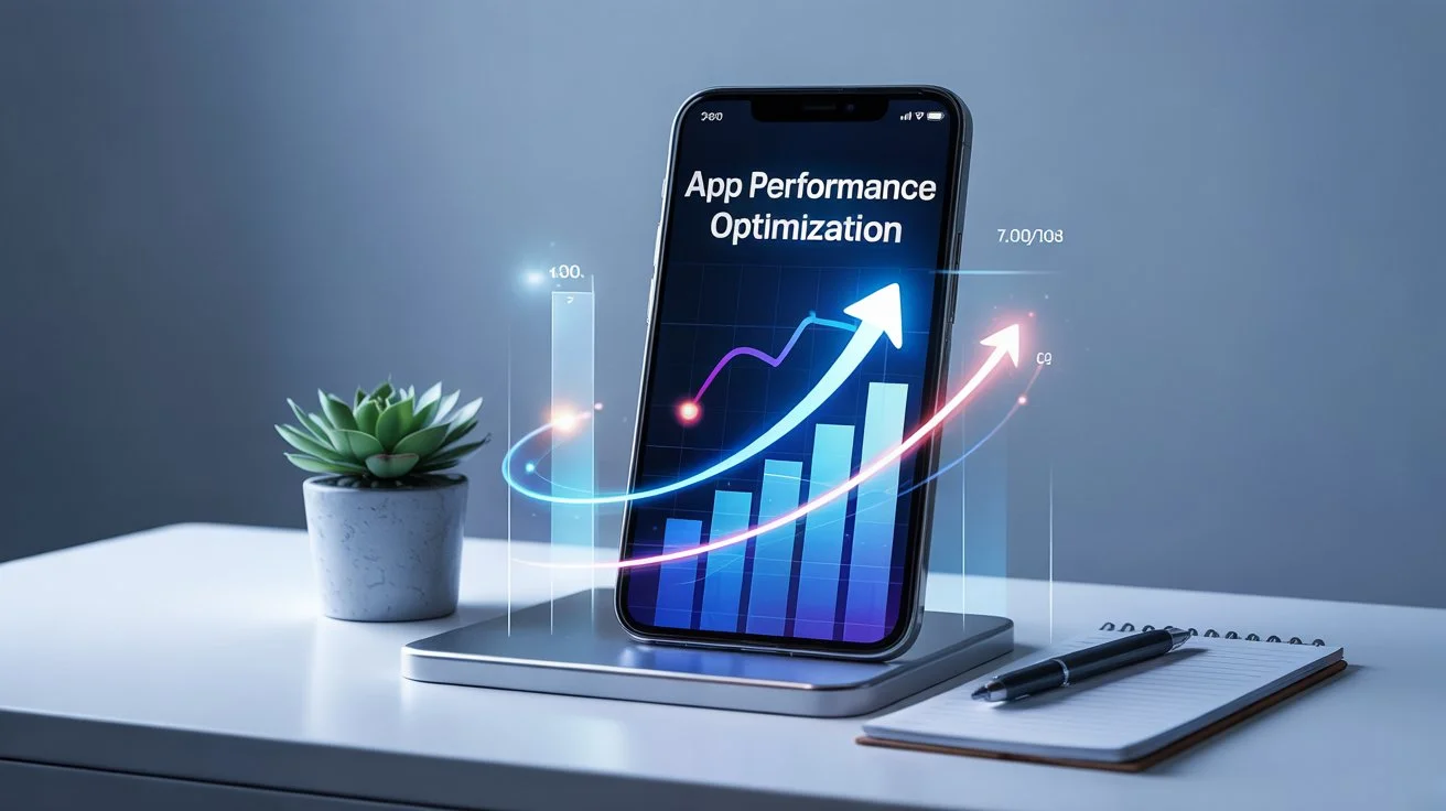 Smartphone with app performance optimization graph displayed on screen, showcasing techniques to boost app performance and store ratings.